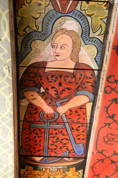 Hope holding anchor ceiling painting in Muses room at Crathes Castle. Crathes, Scotland.