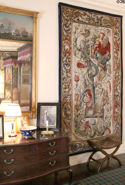 Scene from Don Quixote tapestry in pink bedroom at Cawdor Castle. Cawdor, Scotland.
