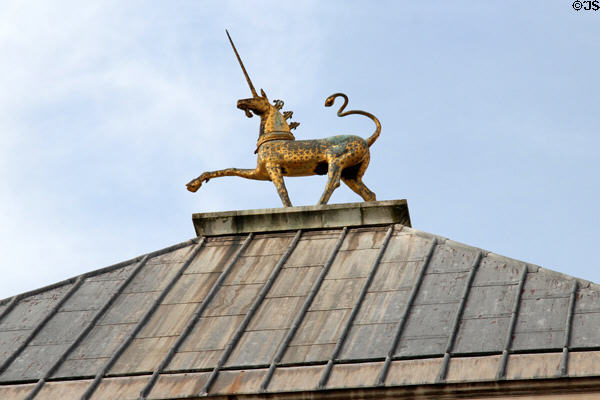 Unicorn statue atop City Hall tower. Bristol, England.