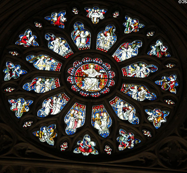 Rose window above altar at Bristol Cathedral. Bristol, England.