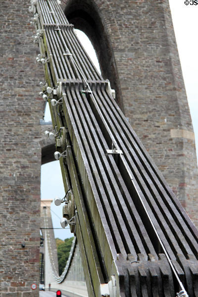 Details of flat cast iron links, each of which had to be carried individually to its place during construction, supporting Clifton Suspension Bridge. Bristol, England.