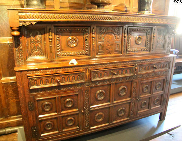 Elaborately carved English press cupboard (late 17thC) at Broadway Museum & Art Gallery. Broadway, England.