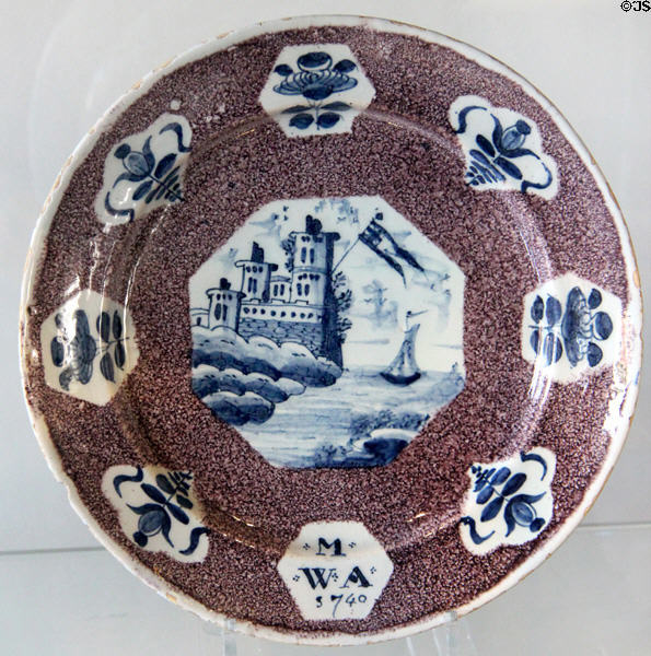 Bristol Plate (1740) with center design of ship sailing by rocky shore at Broadway Museum & Art Gallery. Broadway, England.