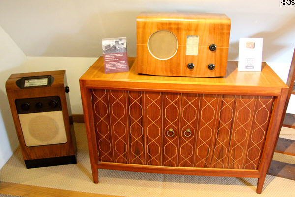 "Utility" sideboard (1950) with doors veneered with rosewood and pattern produced (routed) by cutting through veneer to expose birch laminboard underneath, exhibited at the 1951 Festival of Britain, designed by David Booth at Gordon Russell Design Museum. Broadway, England.