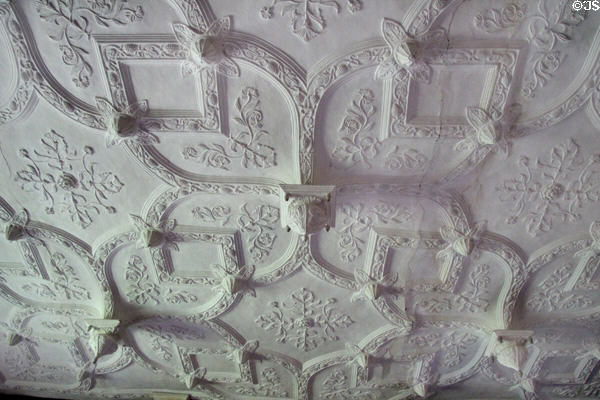 Plaster ceiling molded in very high relief in Great Chamber at Chastleton House. Moreton-in-Marsh, England.