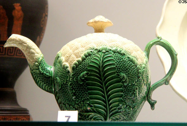 Creamware teapot in shape of cauliflower (1760-70) attrib. Josiah Wedgwood of Burslem, Staffordshire at Potteries Museum & Art Gallery. Hanley, Stoke-on-Trent, England.