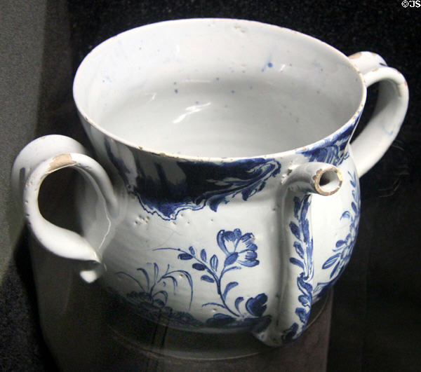 Tin-glazed earthenware posset pot painted in oriental style (mid 18thC) prob. made in Bristol at Potteries Museum & Art Gallery. Hanley, Stoke-on-Trent, England.