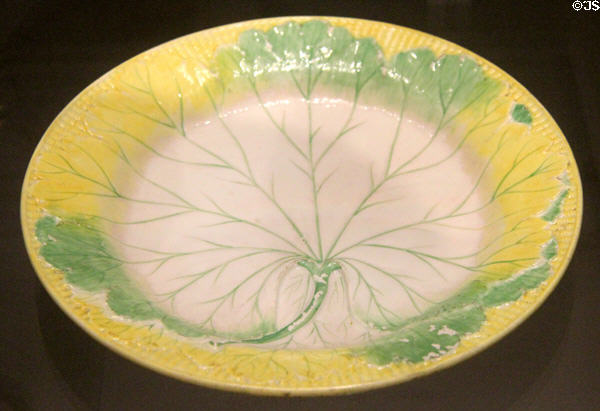 Wedgwood creamware dessert plate depicting ribs of leaf in green & yellow (c1810-20) at World of Wedgwood. Barlaston, Stoke, England.