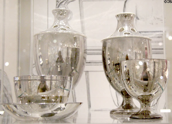 Wedgwood luster ware vessels in rare steel luster finish (c1812) at World of Wedgwood. Barlaston, Stoke, England.