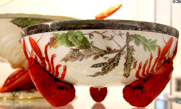 Wedgwood earthenware salad bowl decorated with lobsters (1883-6) at World of Wedgwood. Barlaston, Stoke, England.
