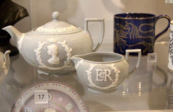 Wedgwood teapot & creamer commemorating coronation of Queen Elizabeth II (1953) at World of Wedgwood. Barlaston, Stoke, England.