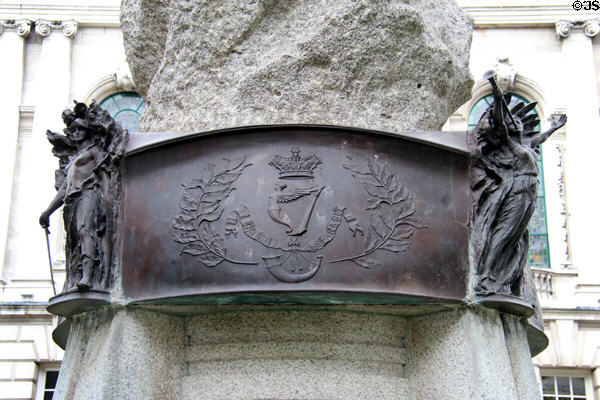 Plinth with Irish harp on Boer War Memorial sculpture (1905) by Sydney March on grounds of Belfast City Hall. Belfast, Northern Ireland.