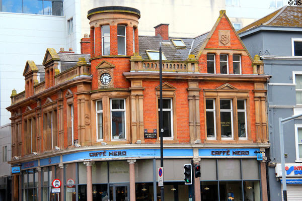Heritage building with clock tower (1894) (2-4 Chichester St.). Belfast, Northern Ireland.