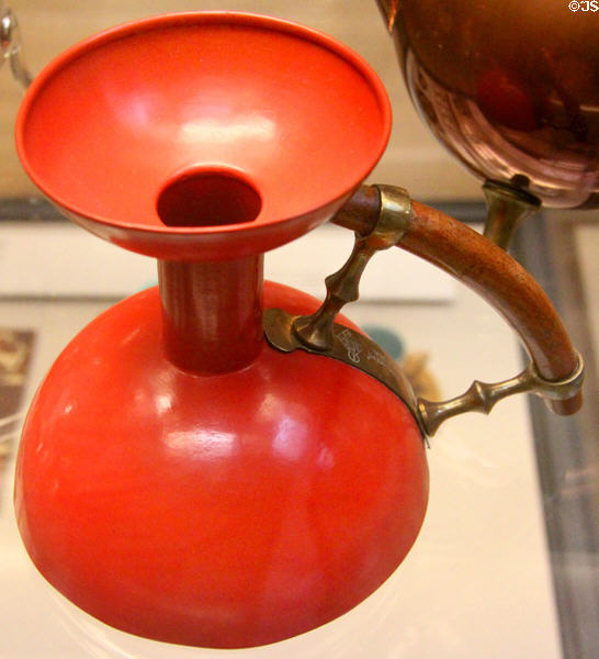 Painted brass candlestick inspired by Japanese style (1883) by Christopher Dresser made by Richard Perry, Son & Co. of Wolverhampton, England, sold by Liberty & Co under name Kordofan at British Museum. London, United Kingdom.