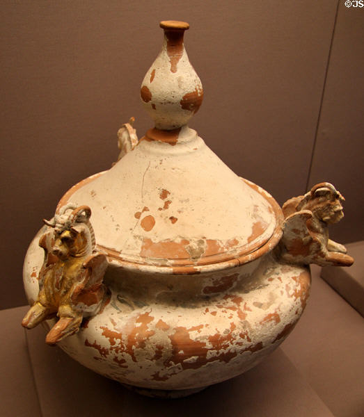 Terracotta funerary urn with bull-griffins influenced by art of Persia (c300 BCE) made in Athens at British Museum. London, United Kingdom.