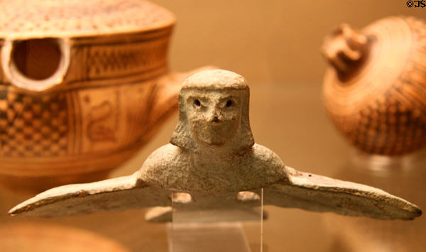 Greek bronze siren once attached to cauldron rim (700 BCE) at British Museum. London, United Kingdom.