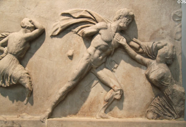Detail of Amazon Frieze from Mausoleum at Halikarnassos (350 BCE) Bodrum, Turkey at British Museum. London, United Kingdom.