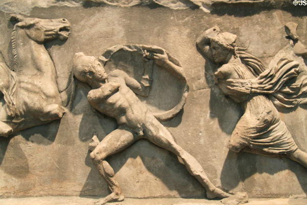 Detail of Amazon Frieze from Mausoleum at Halikarnassos (350 BCE) Bodrum, Turkey at British Museum. London, United Kingdom.