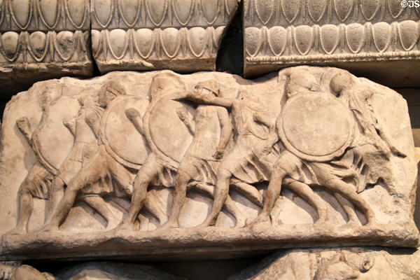 Frieze of shield carrying soldiers on Nereid Monument (390 BCE-380 BCE) at British Museum. London, United Kingdom.