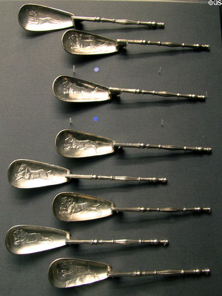 Early Byzantine silver spoons with running animals ranging from lion to hare (c600) made in Constantinople at British Museum. London, United Kingdom.