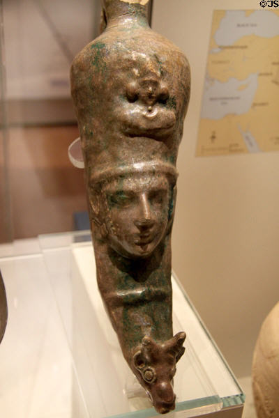 Sasanian Empire glazed pottery wine pourer (rhyta) with images or rulers? & bull (3rdC CE) probably from Babylon, Iraq at British Museum. London, United Kingdom.