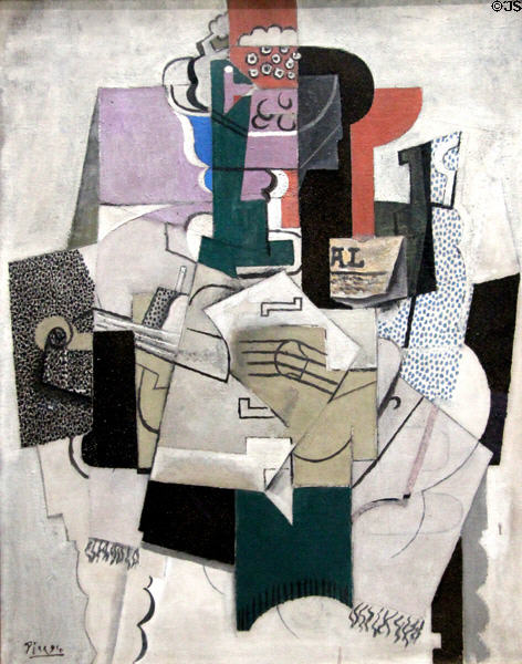 Fruit Dish, Bottle & Violin painting (1914) by Pablo Picasso at National Gallery. London, United Kingdom.
