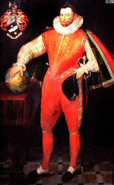 Sir Francis Drake (whose piracy raids partly provoked attach of Spanish Armada) portrait (c1581) at National Portrait Gallery. London, United Kingdom.