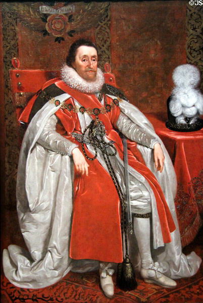 King James VI of Scotland, James I of UK (b1566 r Scotland 1567-1625; r England 1603-25) portrait (1621) by Daniel Mytens at National Portrait Gallery. London, United Kingdom.