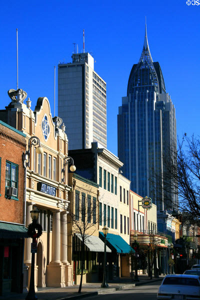Dauphin streetscape from 270 Dauphin Street to Battle House Tower. Mobile, AL.
