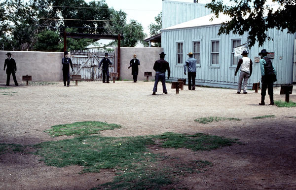 OK Corral with figures marking where Earp & Clanton gang stood during famous gunfight Oct. 26, 1881. Tombstone, AZ.
