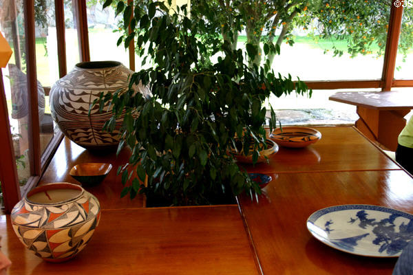 Native American & oriental pottery in Taliesin West living room. Scottsdale, AZ.