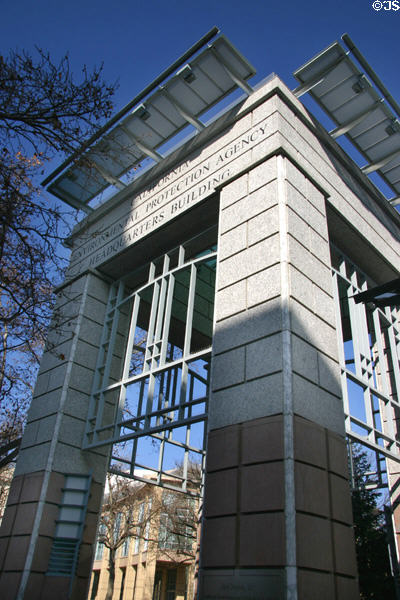 Cal/EPA Building corner sign with solar panels. Sacramento, CA.