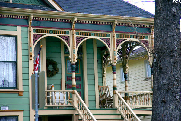 Front porch details of Eastlake-style house (c1880) (1511 F. St.). Sacramento, CA.