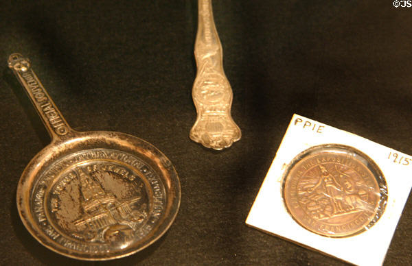 Panama Pacific International Exposition official souvenirs & medal (1915) displayed in California State Capitol. Sacramento, CA.
