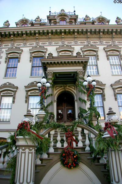 Leland Stanford Mansion (1857, 1862, 1871) [aka Stanford-Lathrop House] (800 N St.). Sacramento, CA. Style: Second Empire. Architect: Seth Babson. On National Register.