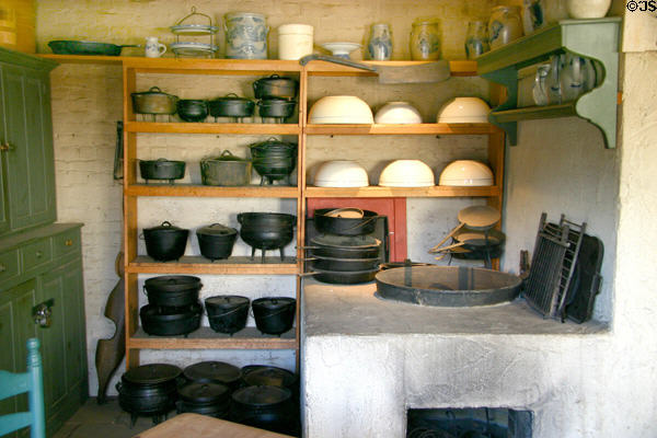 Iron pots & earthenware cooking utensils at Sutter's Fort. Sacramento, CA.
