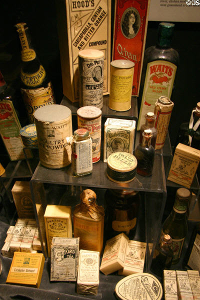 Various frontier patent medicine containers at Gold Rush History Center. Sacramento, CA.