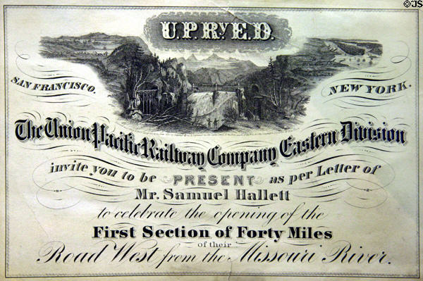 Union Pacific Railway Company engraved invitation to opening of first track section west from Missouri River at California State Railroad Museum. Sacramento, CA.