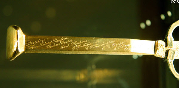 When the Last Spike was cast in gold, a copy was made which now rests at California State Railroad Museum while the one used in the ceremony is in possession of Stanford University. Sacramento, CA.