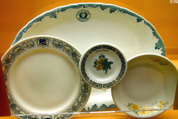 Railway China plates from Salt Lake Route, Union Pacific, Pullman & AT&SF lines at California State Railroad Museum. Sacramento, CA.