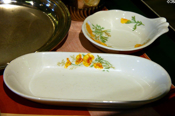 Santa Fe California Poppy pattern (1903-63) plate at California State Railroad Museum. Sacramento, CA.