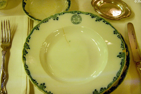 Southern Pacific Railroad Harriman Blue pattern dinner service (1905-50) at California State Railroad Museum. Sacramento, CA.