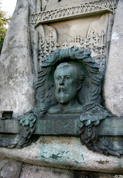 Monument to Theodore Dehone Judah, advocate of the Transcontinental Railroad who convinced four Sacramento financiers to fund the project & civil engineer who planned the Sierra Nevada route, but who died 11 months after construction started in Old Sacramento. Sacramento, CA.