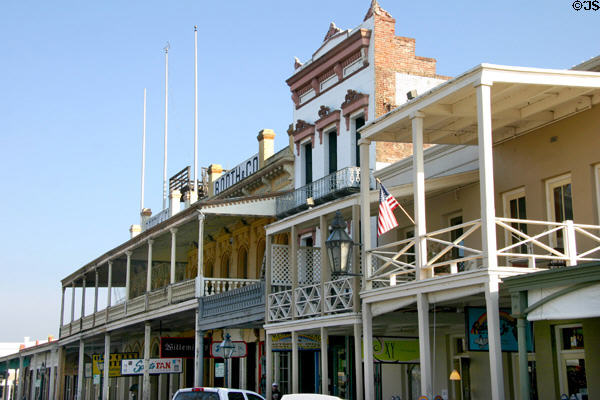 Boothe Building with platform on roof for getting business signals from arriving ships in Old Sacramento along Front St. from K St. Sacramento, CA.