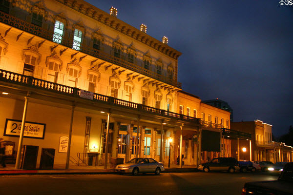 Francis William Fratt & other buildings on 2nd St. in Old Sacramento at night. Sacramento, CA.