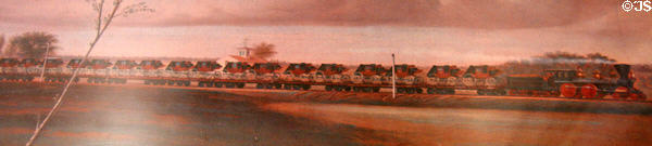 Painting of Concord coaches loaded on railway flatcars being transported to the American West at Wells Fargo Museum. Sacramento, CA.