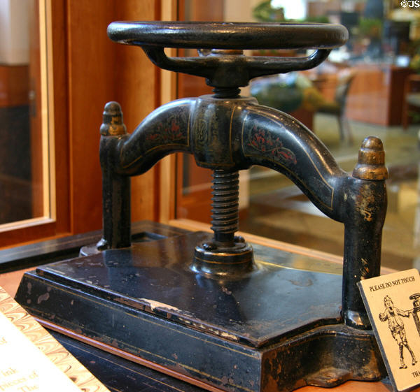Cast-iron letterpress used to make copies of letters by pressing them between tissue paper & damp + dry linen at Wells Fargo Museum. Sacramento, CA.