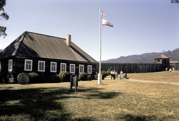 Fort Ross, reconstruction of buildings & stockades of the Russian empire's southernmost fur trading settlement in America, north of San Francisco. CA. On National Register.