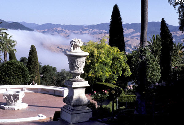 Fog draped hills & terraces seen from Hearst Castle. CA.