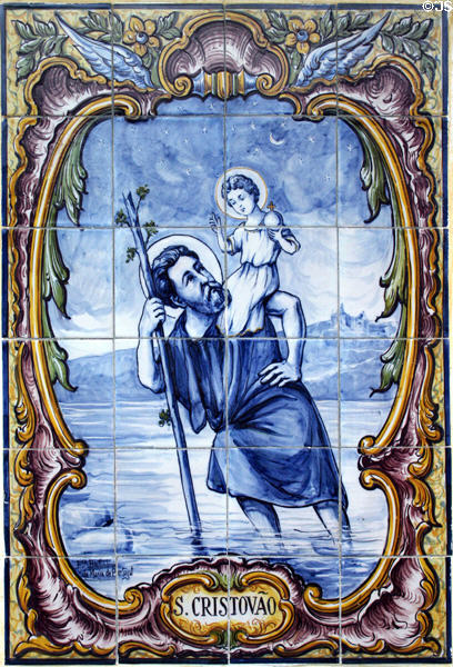 Portuguese tile mural of St Christopher at San Carlos Borromeo de Carmelo Mission. Carmel, CA.